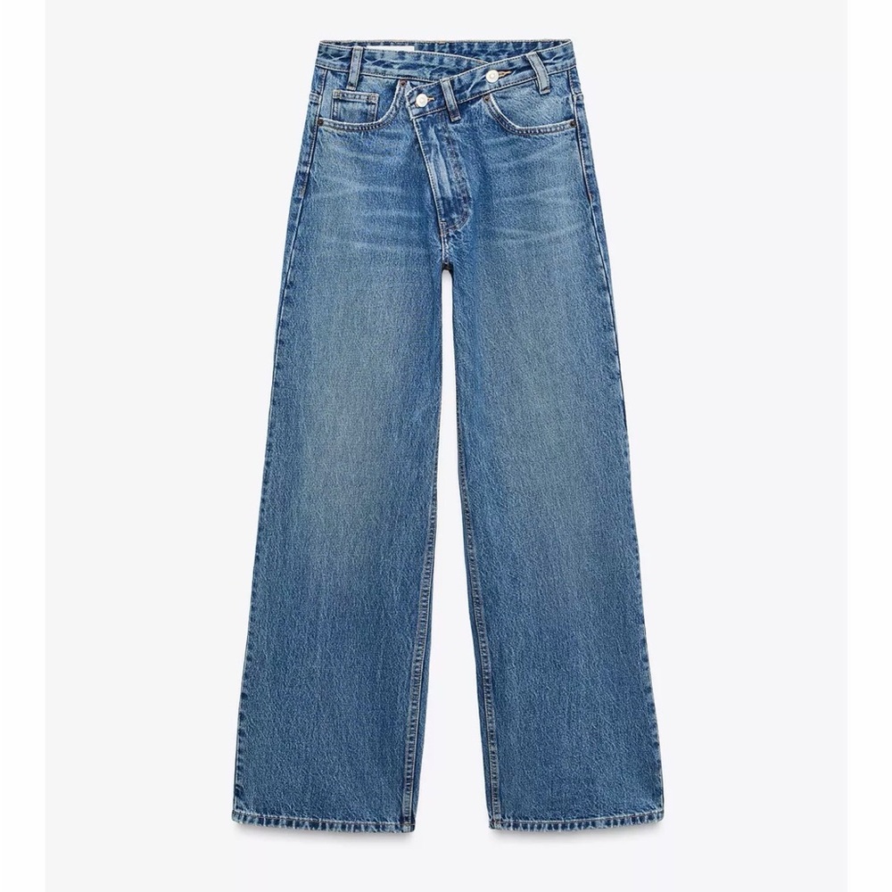 Zara Blue Asymmetrical Waist Boyfriend Jeans